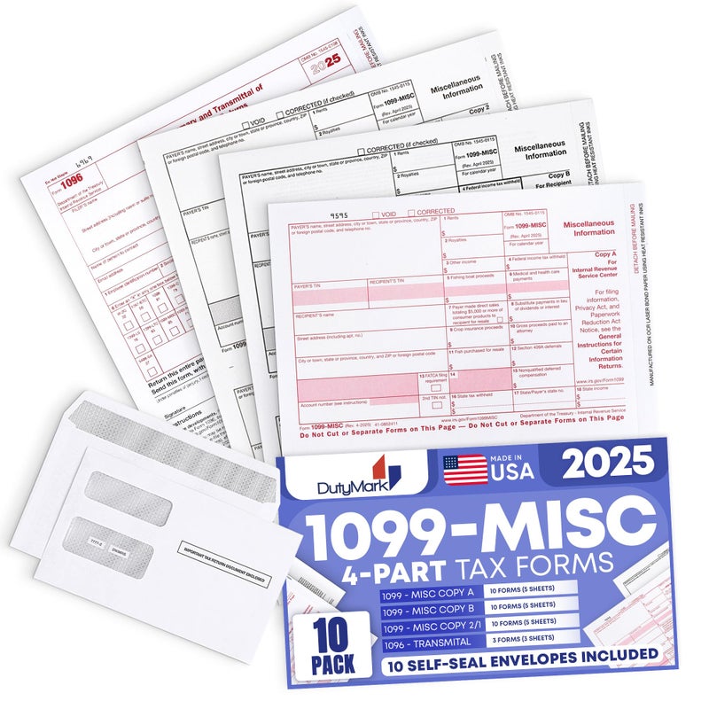 Dutymark DuryMark 1099 Misc Tax Forms 2025 with Envelopes, 10 Vendor Kit for 4 Part Tax Form, Compatible with QuickBooks and Accountings Software, Self Seal Envelopes, Made in USA - Image 1